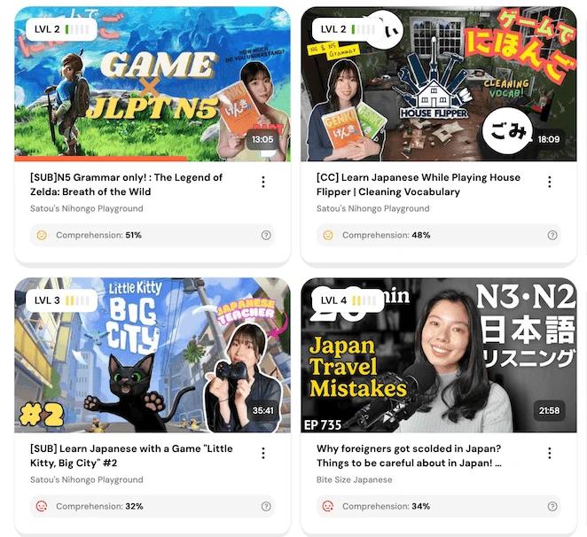 HayaiLearn video feed showing a level and comprehension score on each video