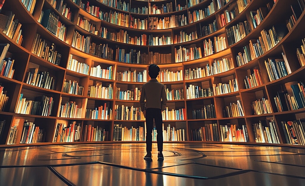 man standing in front of massive library