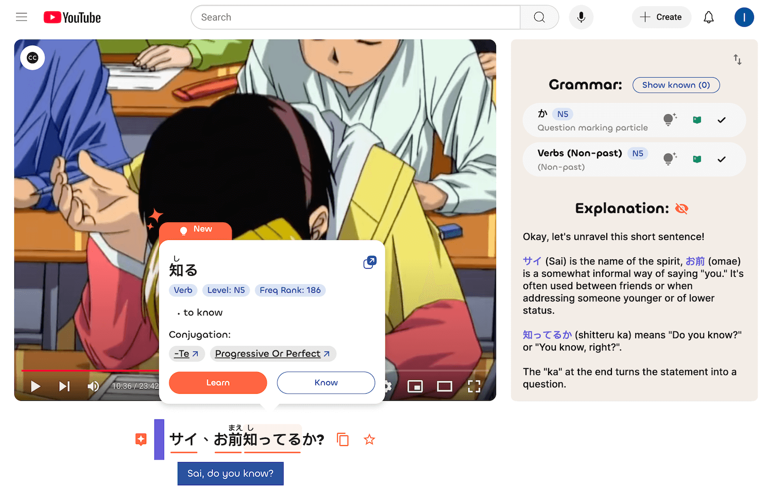 HayaiLearn chrome extension on Youtube