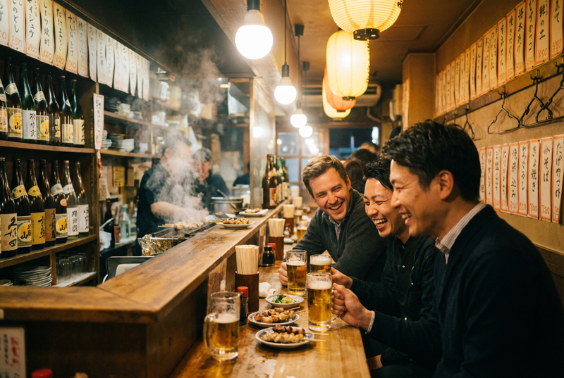 Friends laughing together over beers at a cozy Tokyo izakaya with warm lantern lighting and steam rising from the kitchen