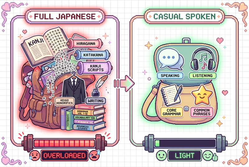Infographic comparing Full Japanese learning versus Casual Spoken Japanese, showing an overloaded backpack with kanji versus a light pouch with speaking and listening, in a cute JRPG inventory style