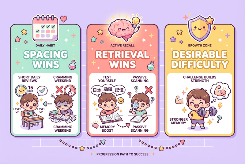 Three pastel infographic cards showing learning science principles: Spacing Wins, Retrieval Wins, and Desirable Difficulty with cute chibi characters