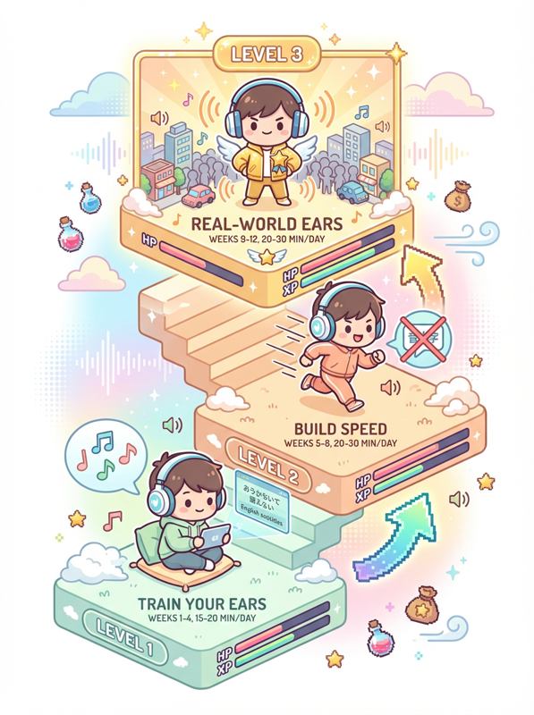 JRPG-style 3-level staircase infographic showing a Japanese listening progression: Level 1 Train Your Ears (weeks 1-4, 15-20 min/day), Level 2 Build Speed (weeks 5-8, 20-30 min/day), Level 3 Real-World Ears (weeks 9-12, 20-30 min/day)
