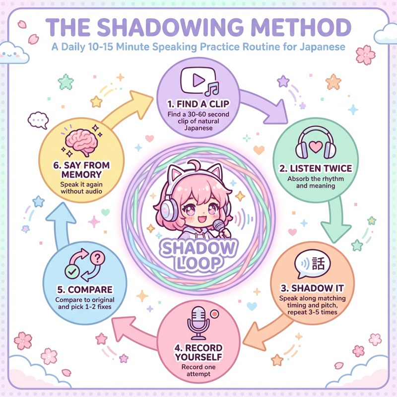 The Shadowing Method infographic showing a 6-step circular loop for daily Japanese speaking practice: find a clip, listen twice, shadow it, record yourself, compare, and say from memory
