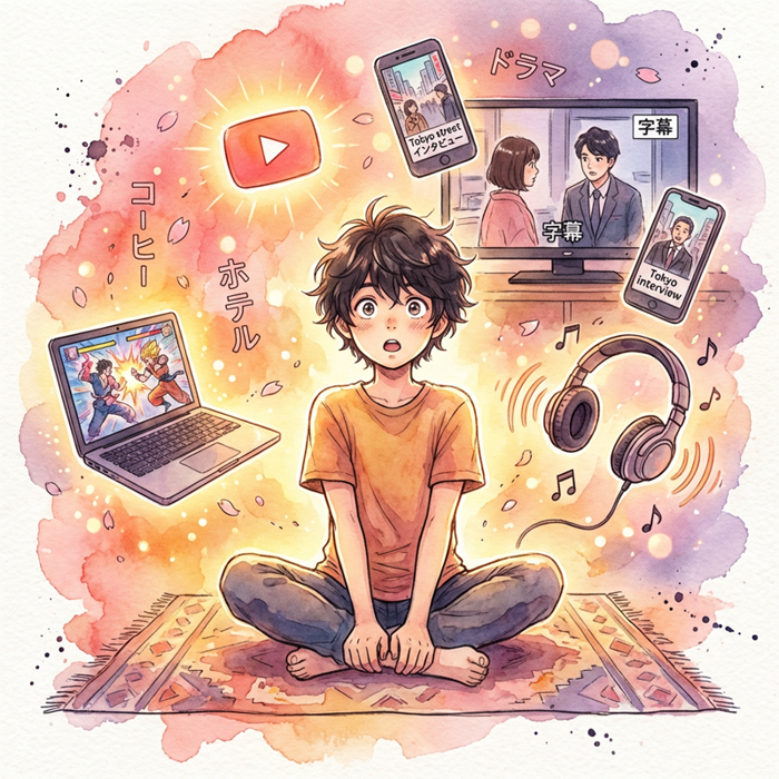 Person surrounded by Japanese immersion content sources including anime, YouTube, headphones, dramas, and street interviews in watercolor style