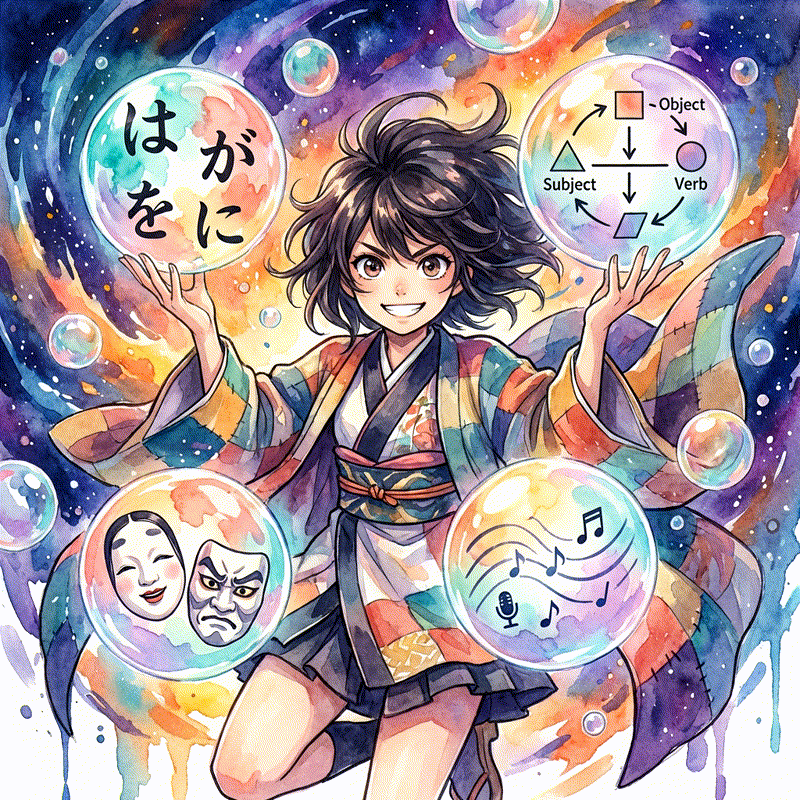 Anime girl in watercolor style juggling glowing bubbles representing spoken Japanese challenges: particles, word order, politeness levels, and natural pacing