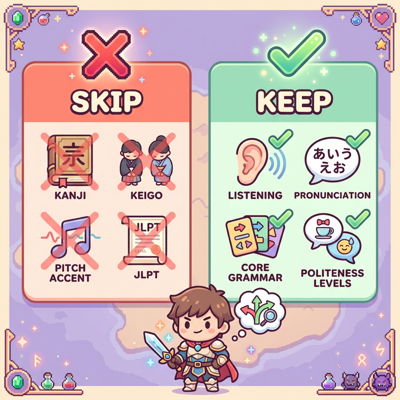 Infographic showing what to skip and what to keep when learning casual Japanese, with a JRPG adventurer character