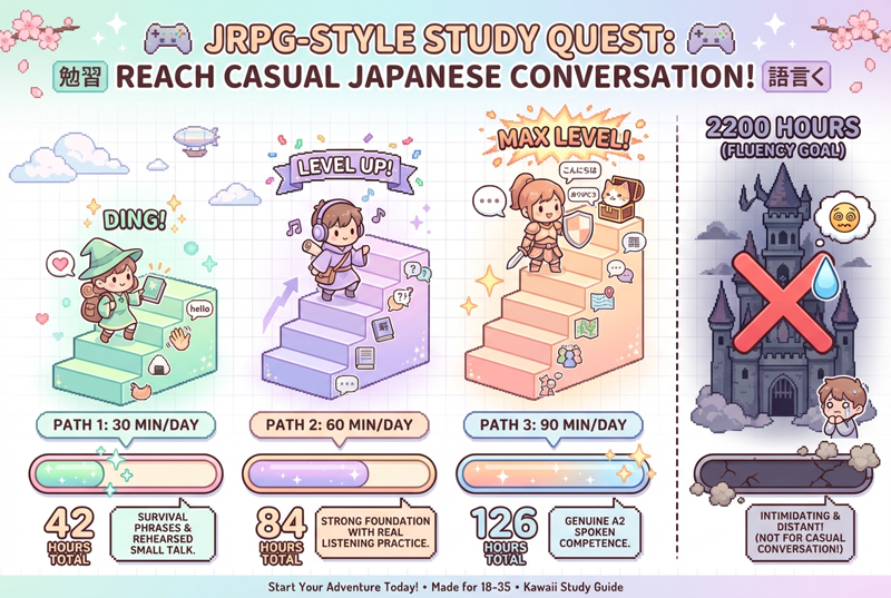 JRPG-style infographic showing three Japanese study paths: 30 min/day for 42 hours, 60 min/day for 84 hours, and 90 min/day for 126 hours over 12 weeks, contrasted against the intimidating 2200 hour estimate