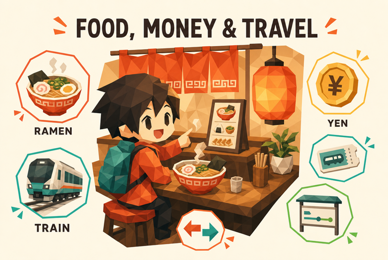 Warm low-poly illustration of a chibi traveler pointing at a menu at a ramen counter, surrounded by icons for ramen, a yen coin, a train, a ticket, and a direction arrow