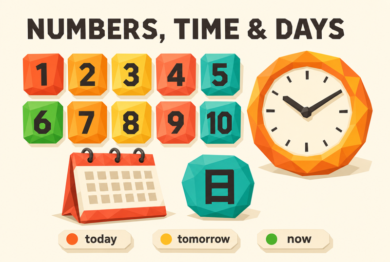 Warm low-poly infographic titled Numbers, Time and Days, showing tiles numbered 1 to 10, a friendly clock, a calendar, and labels for today, tomorrow, and now