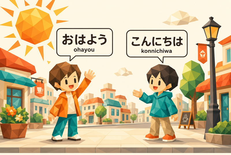 Two cheerful chibi characters greeting each other on a sunny street with speech bubbles reading the Japanese greetings おはよう (ohayou, good morning) and こんにちは (konnichiwa, hello)