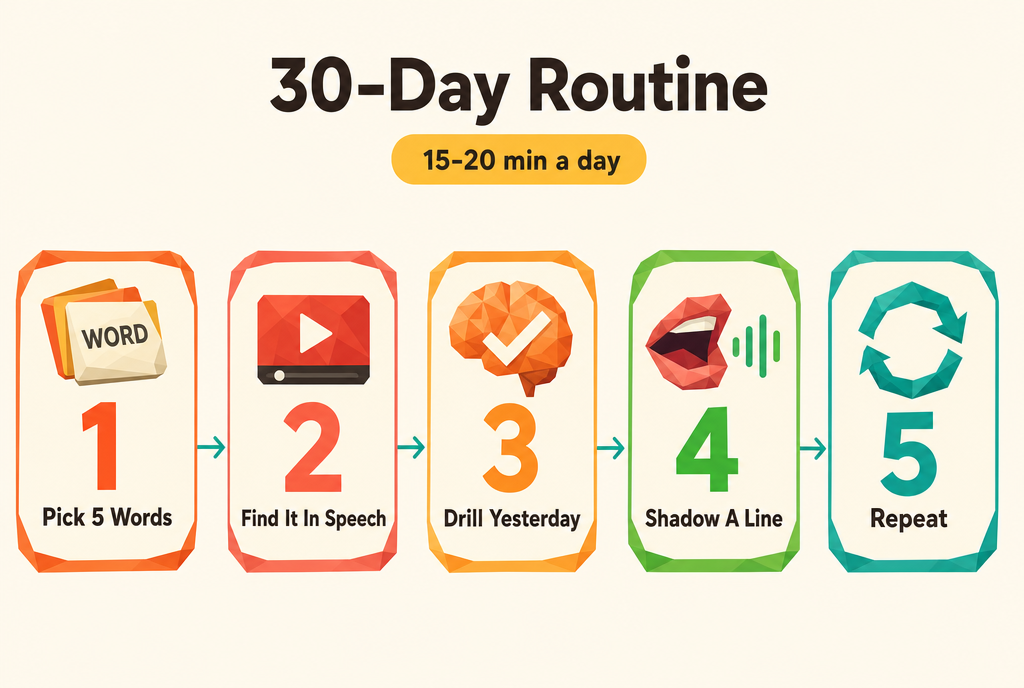 Isometric infographic of a 5-step daily Japanese routine looping clockwise: pick 5 words, find them in real speech, drill yesterday's words, shadow a line aloud, and repeat, about 15 to 20 minutes a day