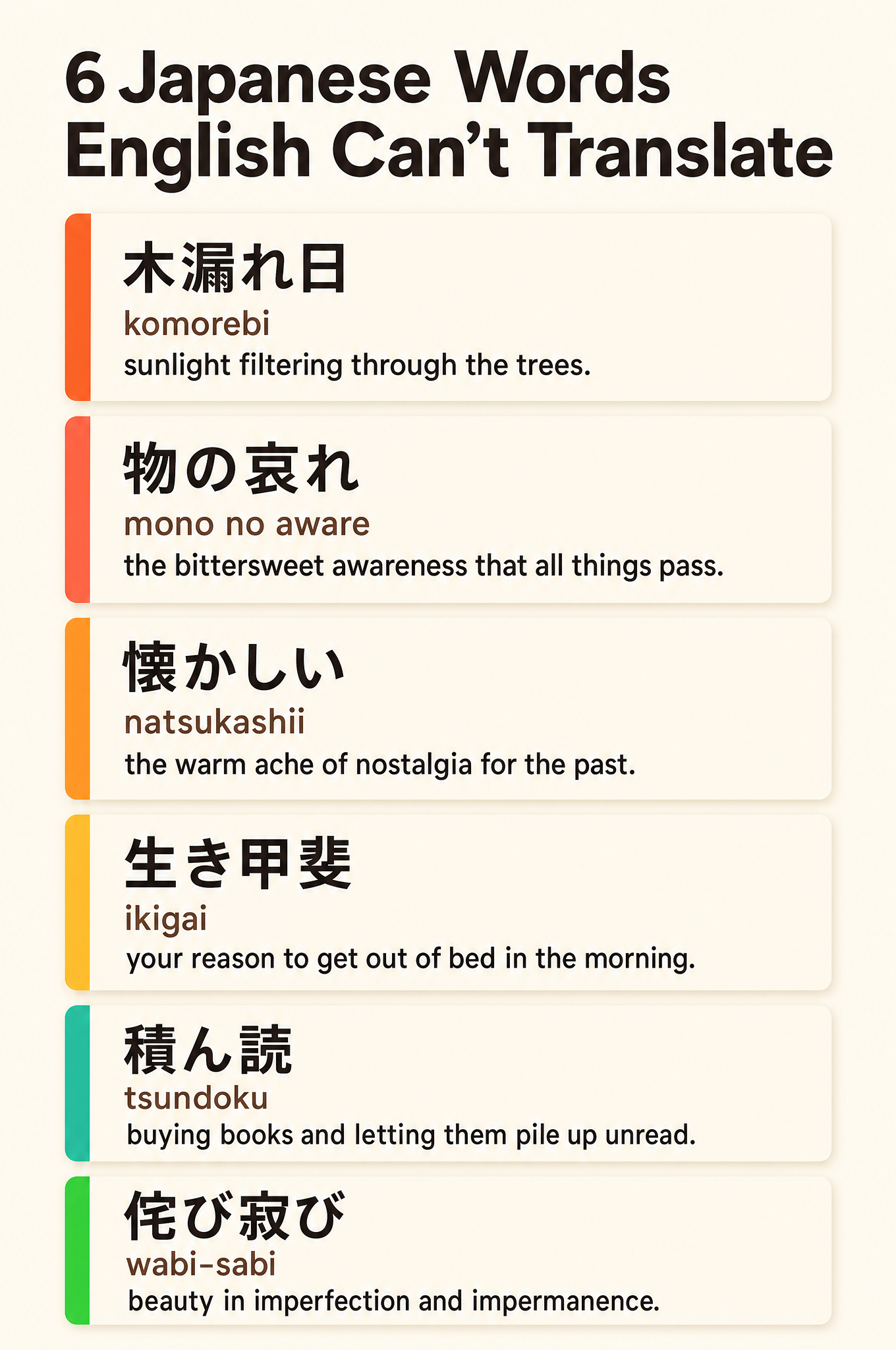 Infographic of six untranslatable Japanese words (komorebi, mono no aware, natsukashii, ikigai, tsundoku, wabi-sabi) with their English meanings