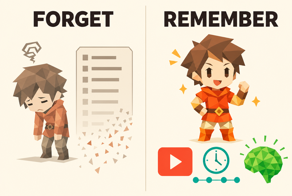 Split-panel infographic contrasting two ways to learn Japanese words: on the left a person buried under a crumbling scroll of romaji vocabulary labeled forget, and on the right the same person learning a word from a real video clip with a spaced-repetition timeline labeled remember