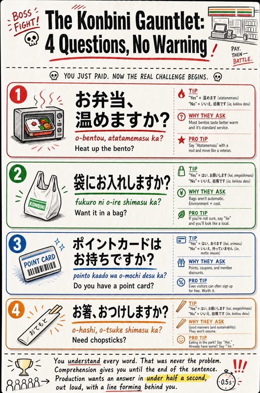 Infographic of the four classic Japanese convenience-store counter questions: heating the bento (温めますか), a bag (袋), a point card (ポイントカード), and chopsticks (お箸), with romaji and English