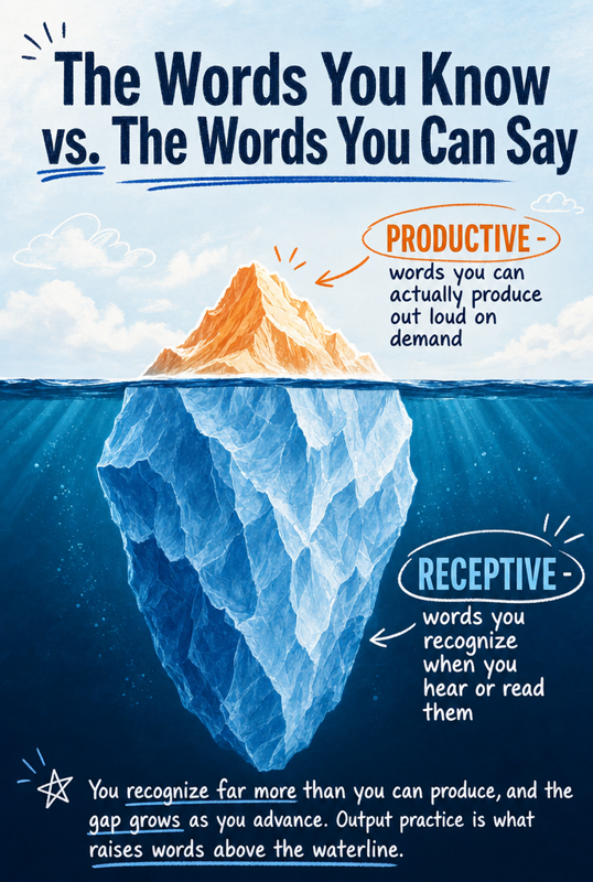 Iceberg diagram with a small productive vocabulary above water and a much larger receptive vocabulary below, illustrating the receptive-productive gap
