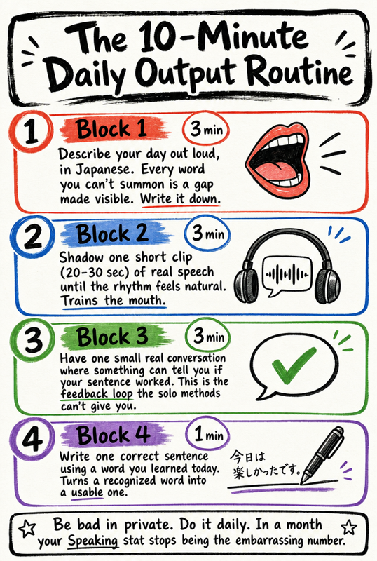 Infographic of a four-step ten-minute daily Japanese output routine covering self-narration, shadowing, a small feedback conversation, and one written sentence