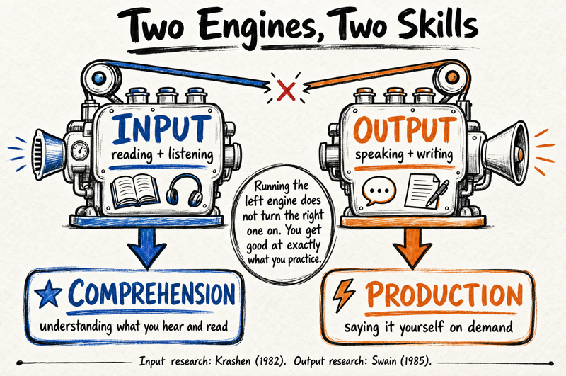 Diagram of two separate engines, input building comprehension and output building production, showing that practicing input does not train output