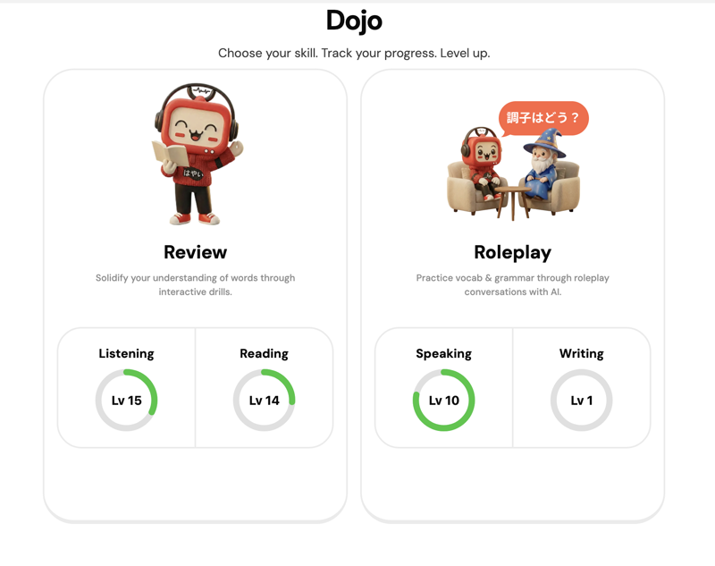 The Dojo page with Review and Roleplay