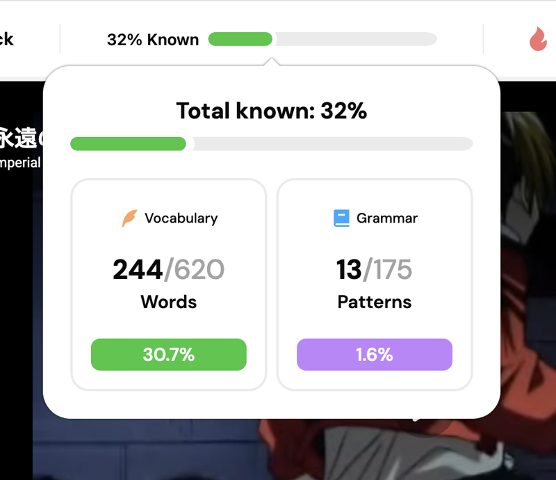 Known words stats popup on a video