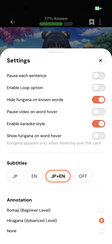 Caption settings on mobile