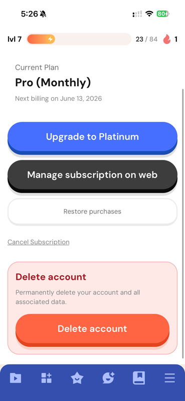 Subscription page on mobile