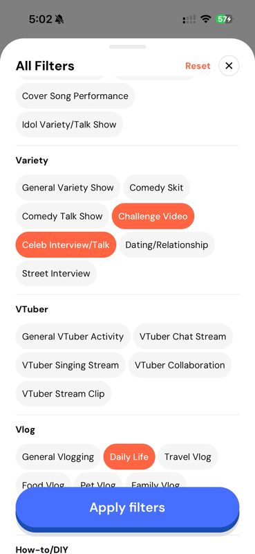 Video list filters on mobile